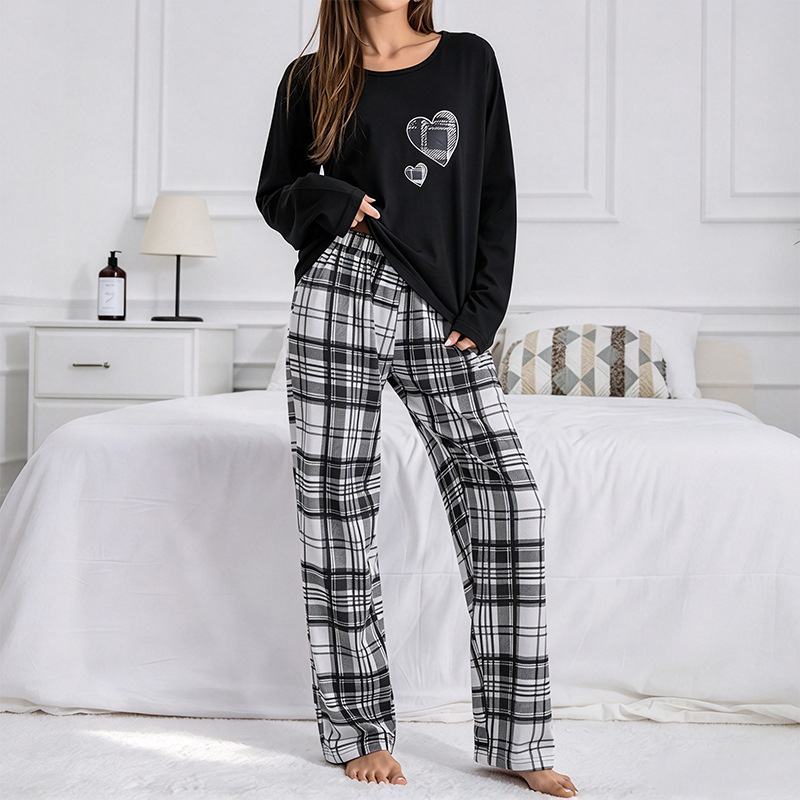 European and American women’s pajamas: heart‑patterned double‑long plaid pants two‑piece set, casual loungewear suitable for outdoor wear, export‑grade.