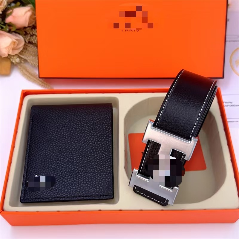 Leather belt + wallet + gift box: men’s pull-buckle belt, leather belt and wallet gift set, high-end, fashionable, trendy, cross-border pants belt.