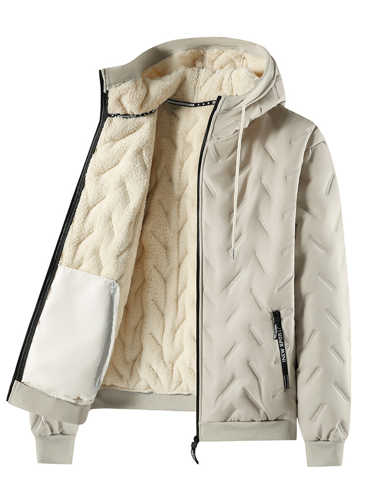 Cross-border European-size casual hooded cotton-padded coat for men, winter fleece-lined warm ultrasonic lambswool cotton jacket