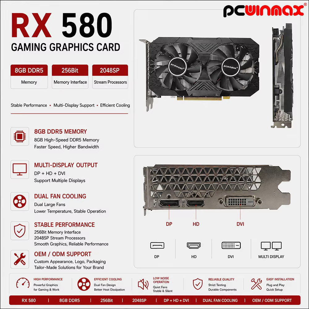 PCWINMAX high-performance, cost-effective original RX 580 2048SP 8GB/16GB GDDR5 256-bit graphics card