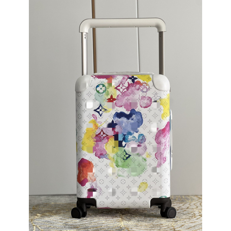 L Family’s Donkey Family Horizon watercolor‑style colored splatter‑pattern boarding suitcase, made of horizon‑coated canvas.