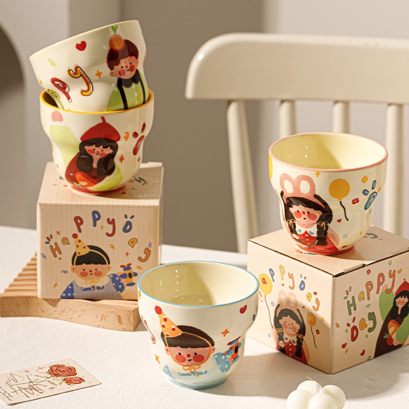 A family of four homemade ceramic cups cute children breakfast cup tableware cartoon high-color baby water cup Mark cup