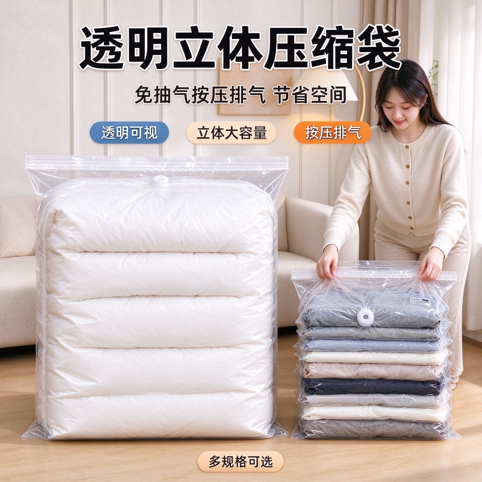Large-capacity thickened vacuum compression bags—no pumping required, perfect for storing clothes and quilts, organizing items during travel, dorm life, or home use, antibacterial