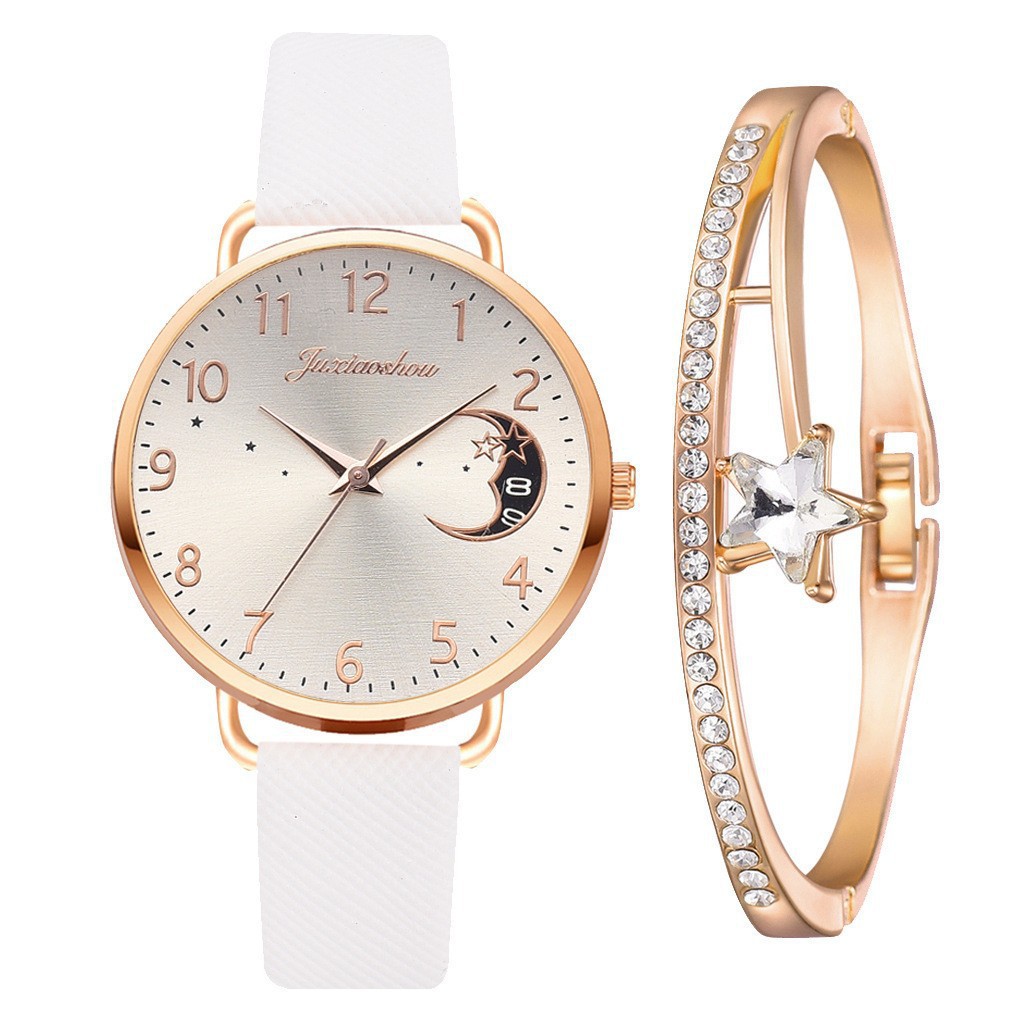 New best-selling foreign trade women’s personalized quartz watch set: PU strap, moon‑pattern dial, with calendar.