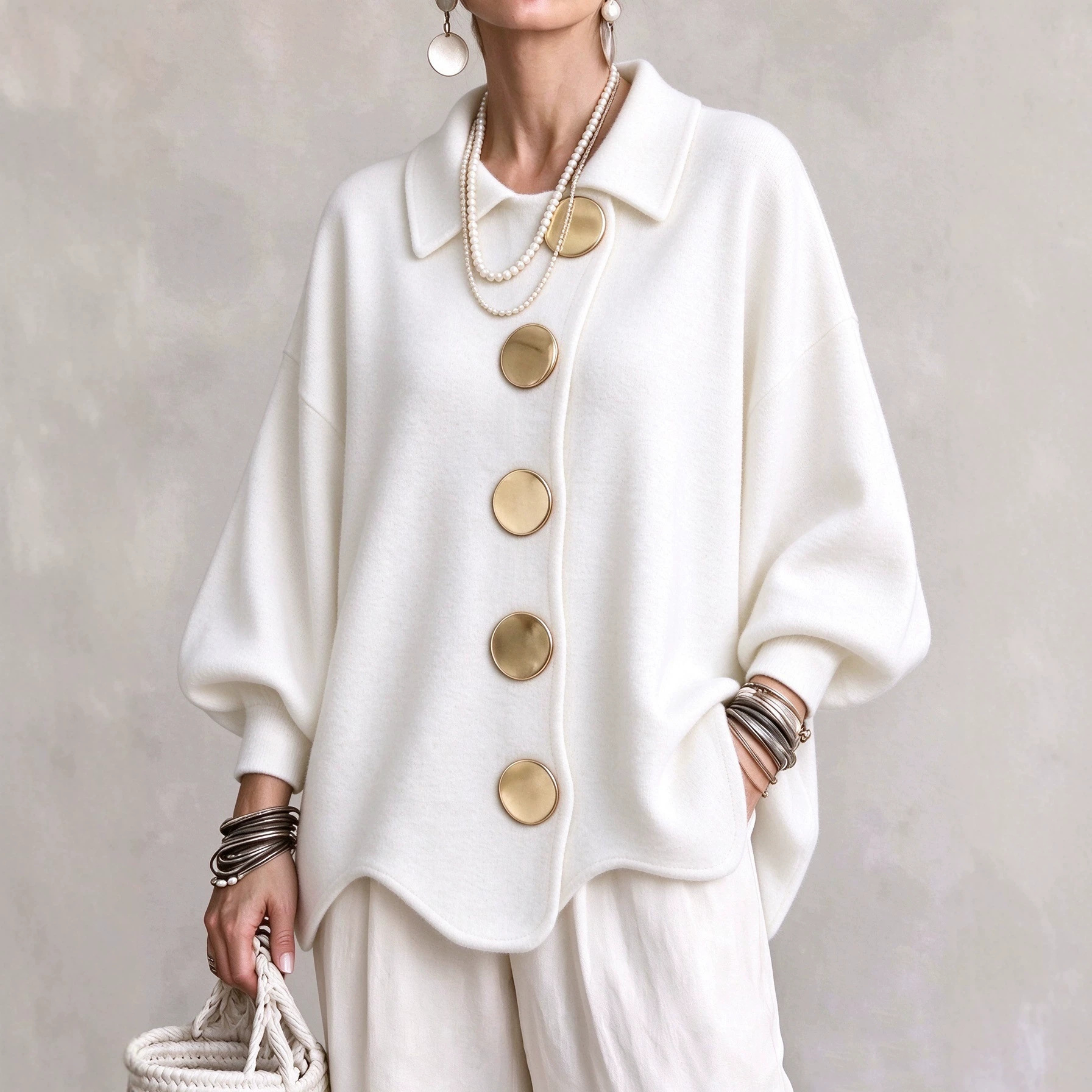 Cross-border European and American casual loose-fit autumn/winter women’s wear with lapel collar and long sleeves, featuring snap buttons.