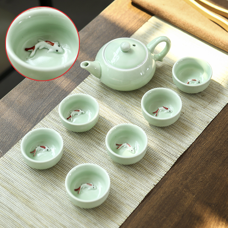 Celadon Fish-Cup Tea Set – Ideal for Sales Events and Festive Celebrations; Gift-Worthy Dehua Kung Fu Tea Set with Ceramic Teapot
