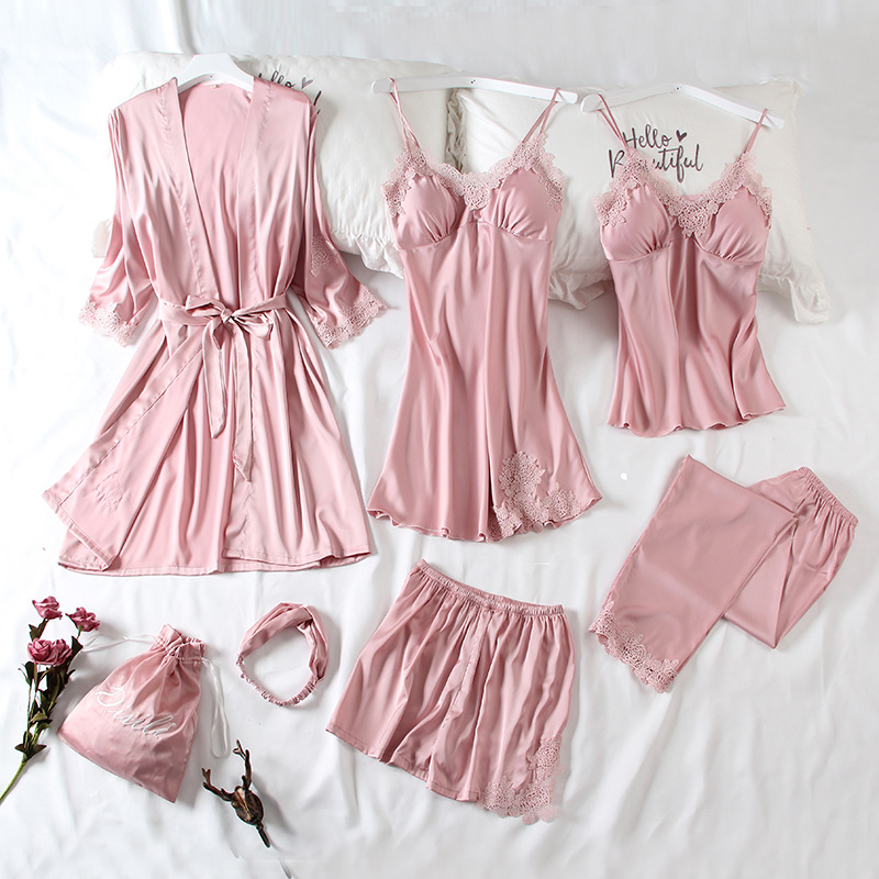 Women’s thin spring/summer ice-silk seven-piece pajama set: sexy Korean-style robe and nightgown with built-in chest pads, perfect for lounging at home.