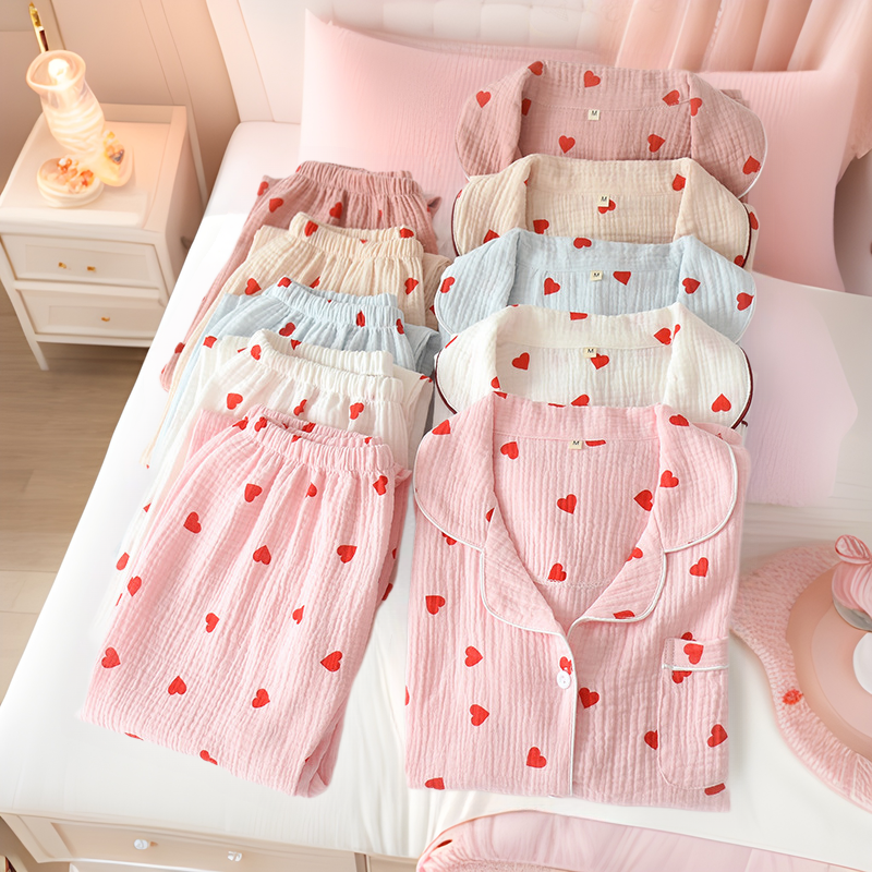 Slippers spring and autumn ladies pure cotton long sleeves thin sleeves waterfall summer sweet loose home clothes two sets