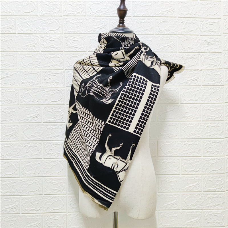 2020 New European and American Style Carriage Chain Imitation Cashmere Scarf for Women, Autumn/Winter H-Logo Warm Thick Double-C Face Shawl