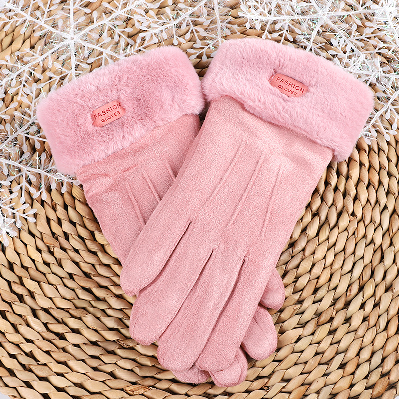 Wholesale women’s warm gloves—autumn/winter outdoor riding, suede velvet, fleece‑lined, thickened, fur‑cuffed, suitable for driving