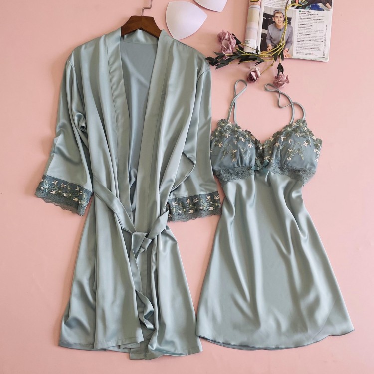 New faux-silk pajamas: sexy V-neck lace robe set for women, embroidered casual loungewear in European/American style, dropshipping available.
