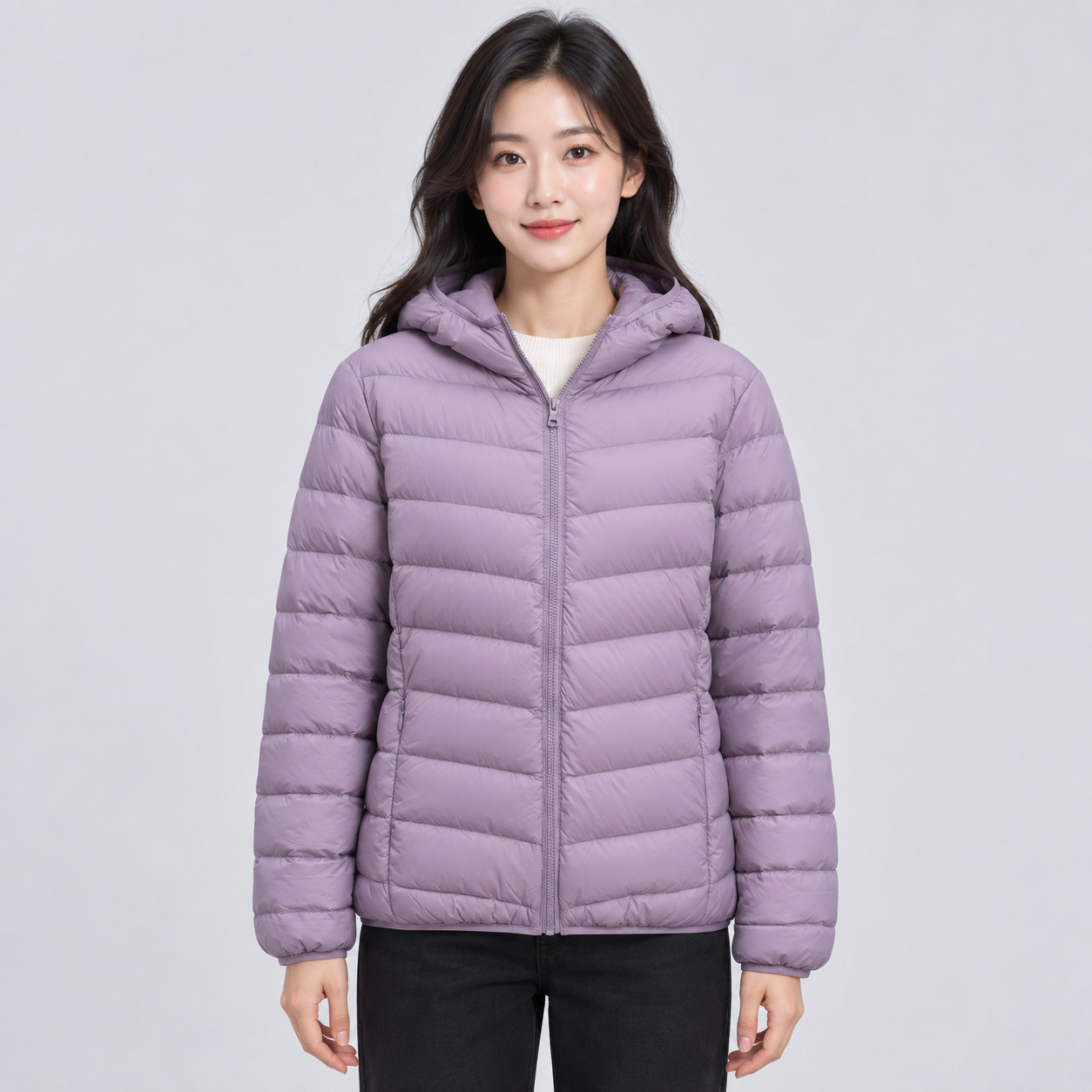 Pinghu Chixin women’s wear: new autumn/winter style, new national standard 90% down, lightweight down jacket for women, simple hooded outerwear.