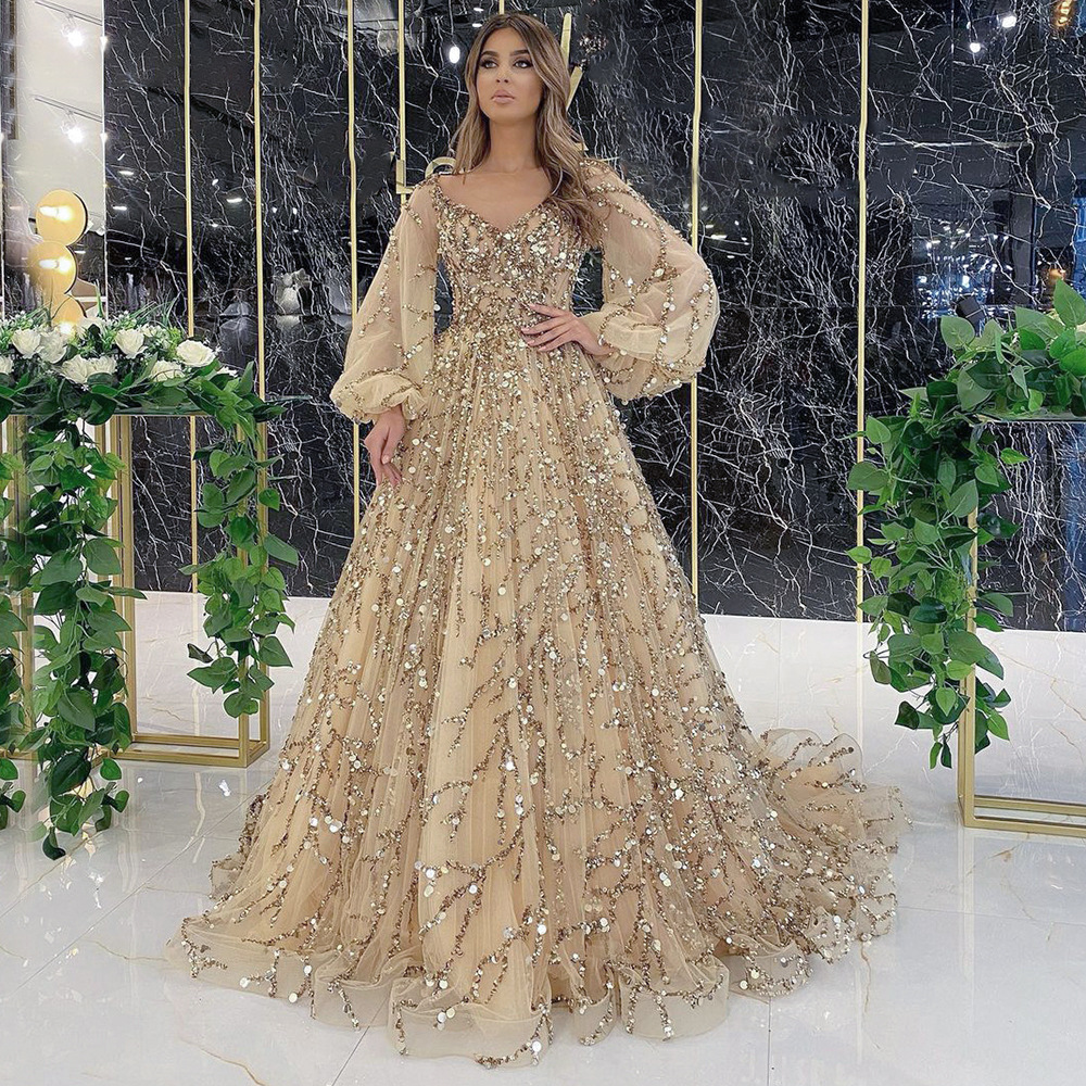 2026 Cross-Border New Arrival Gold-Color Heavy-Duty Beaded Luxurious Evening Gown, Sexy Celebrity‑Style Queen‑Elegance Long Dress DQ7109