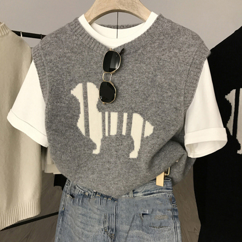 Little Dog Embroidered Waistcoat, 2026 Autumn New Style, Round Neck Loose Wool Knitted Vest, Women’s Outerwear Sweater