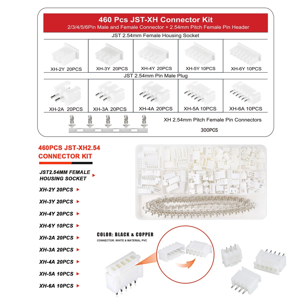 460 pcs JST PH2.0 mm pitch, XH2.54 mm connector, 2/3/4P plastic housing base, plug-in terminal