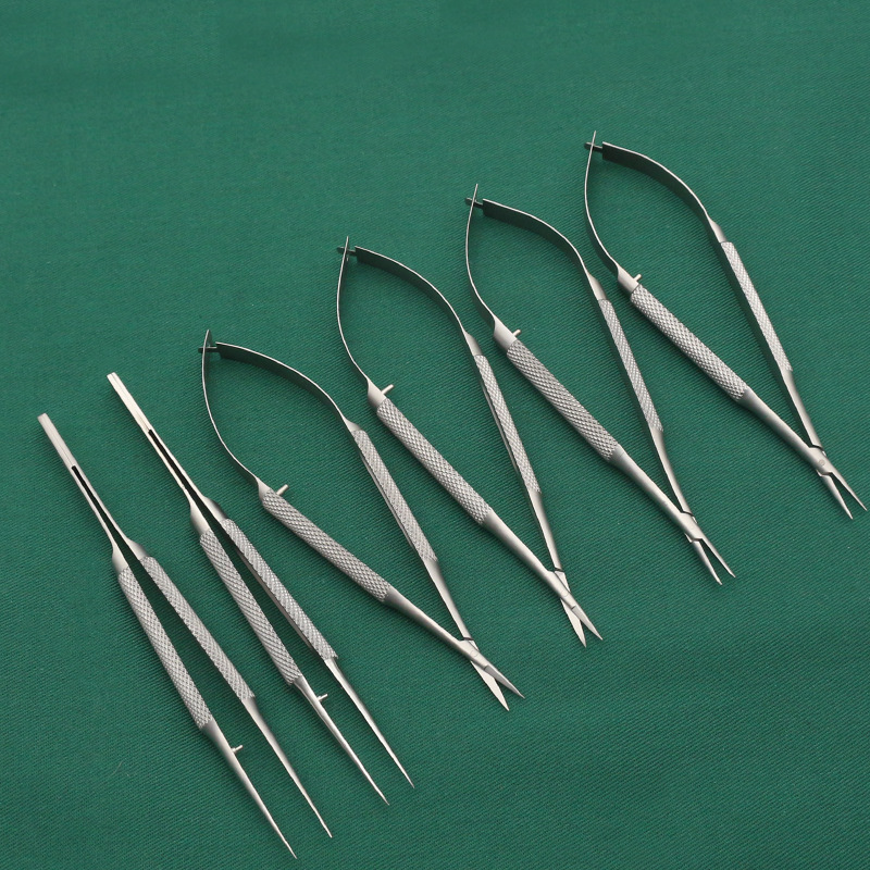 Ophthalmic and Surgical Microsurgical Instrument Set: Corneal Scissors, Eye Tweezers, Microsurgical Needle Holder, Microsurgical Instruments