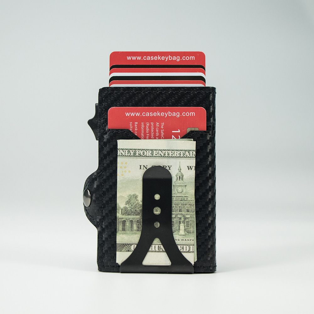 Side‑push pop‑up card holder with bill compartment, metal aluminum case, RFID‑blocking card wallet