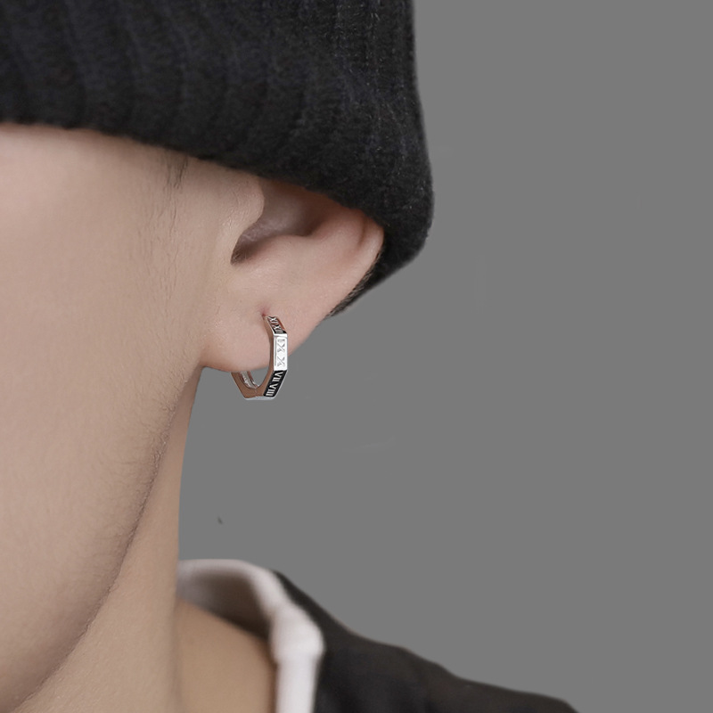 Roman numeral stud earrings, trendy men's single-piece plain hoop ear clips, round hoops, simple men's hip-hop style screw-back earrings