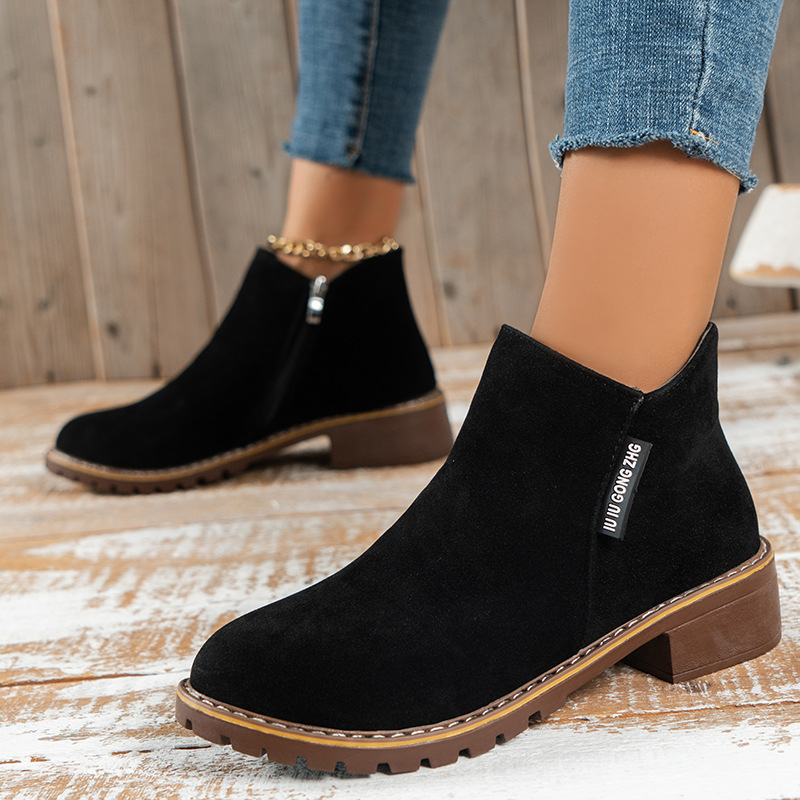 2018 Fall/Winter New Korean-Style Suede Martin Boots for Women, Side-Zip Ankle Boots, Low-Heel, Low-Cut, Student College Style for Women