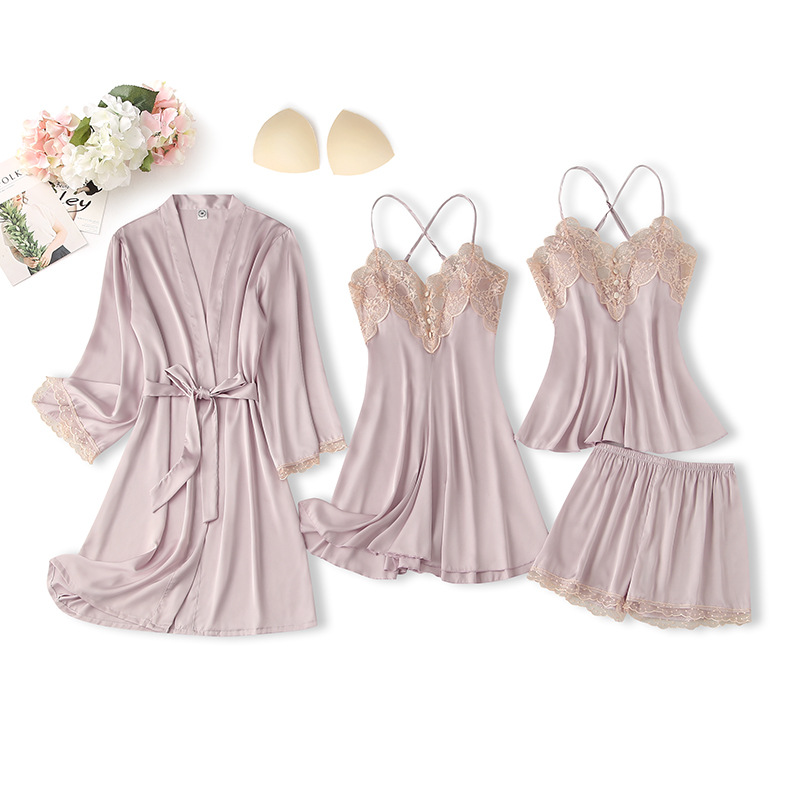 Women’s spring/summer sexy ice silk pajamas—four-piece set including camisole, shorts, nightgown, and robe, home wear.
