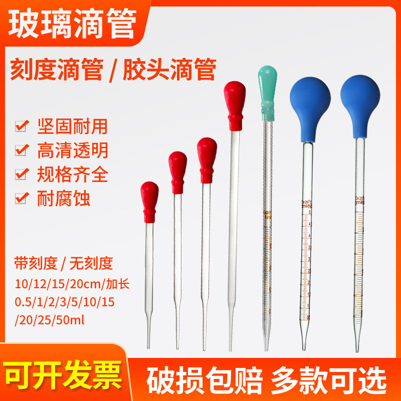 Glass graduated droppers: 0.5 ml, 1 ml, 2 ml, 3 ml, 5 ml, 10 ml; glass pipettes and rubber‑head droppers.