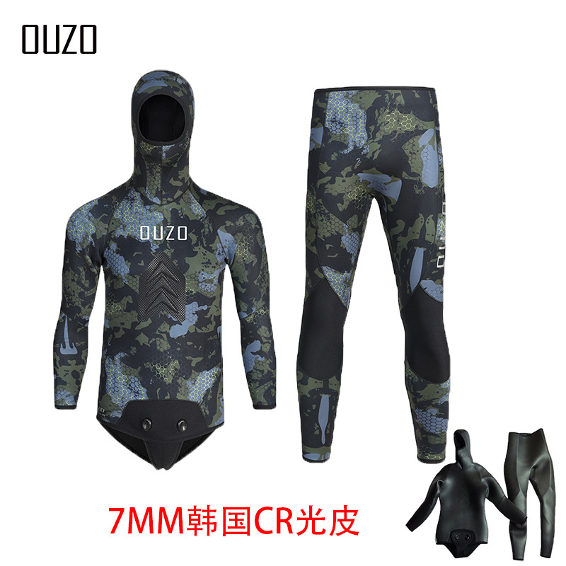 7MM fish-hunting suit CR light leather diving suit OUZO split-type camouflage cold-proof warm thickened free-diving fishing garment