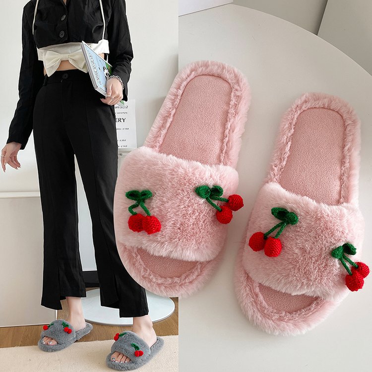 New autumn/winter cute cherry plush slip-on cotton slippers for women, fashionable fleece-lined warm flat-soled indoor fur slippers