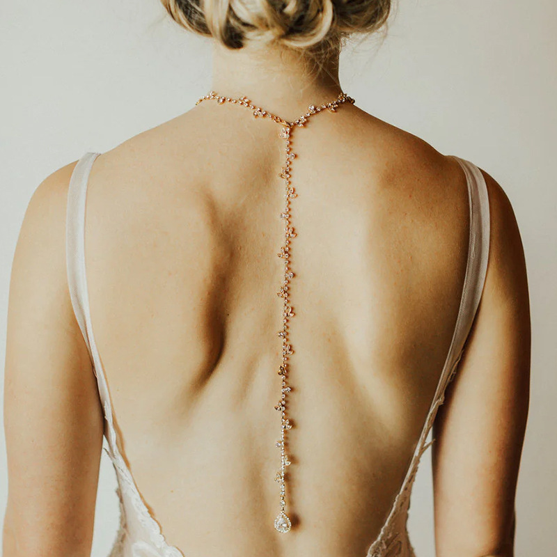Cross-border new‑style fashionable wedding dress back chain, bridal accessory—simple and elegant leaf‑shaped rhinestone necklace. Back chain.