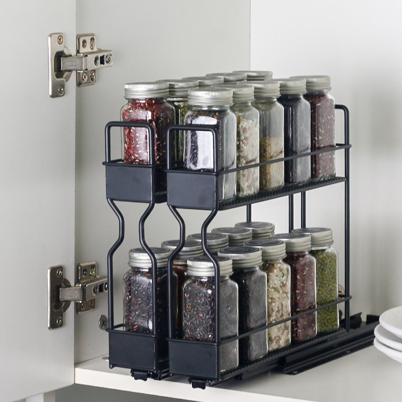 Built-in pull-out spice rack for kitchen cabinets, dual-track independent extension, double-layer ironware seasoning holder