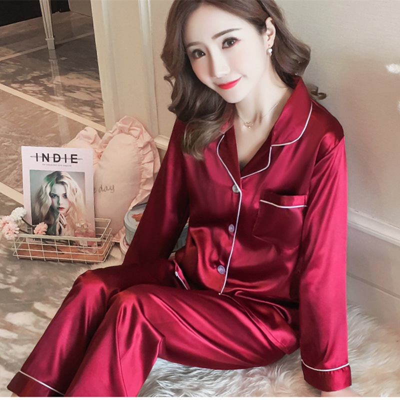 imitation silk pajamas women long sleeves two sets of Korean casual shirt silk pajamas can be worn outdoors home clothes