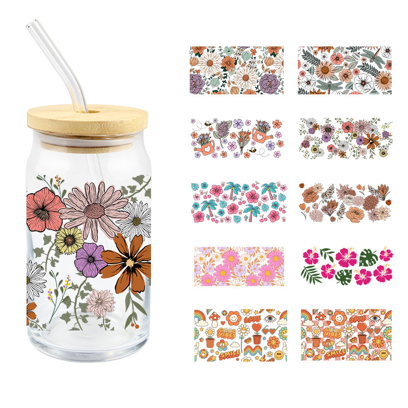 UV DTF transfer crystal transparent stickers—DIY waterproof, high-temperature resistant, adorable dried-flower decorative bottles specially for glass cups