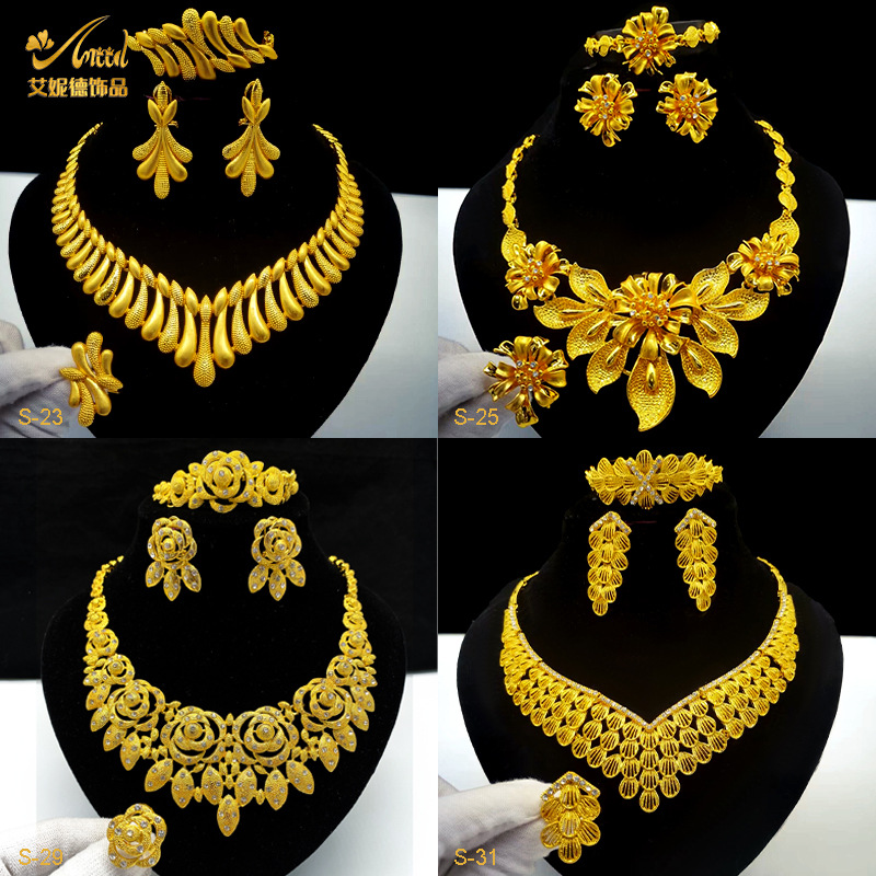Dubai jewelry 24k gold bride jewelry set necklace earrings four sets of gold wedding jewelry