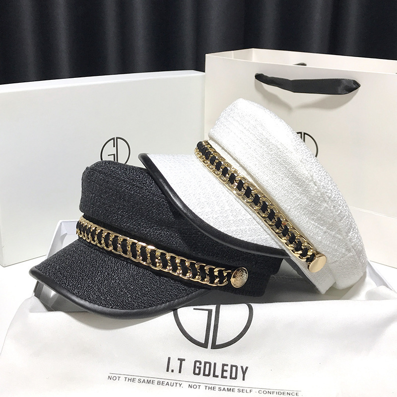 Chanel-style painter’s hat, women’s cotton-linen chain hat, Instagram-famous trendy flat-top sun-protection hat, Korean-style peaked cap