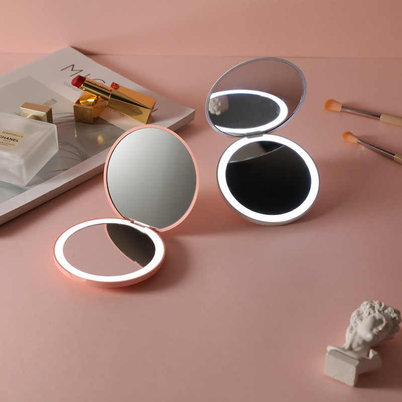 LED Makeup Mirror with Light, Folding, Rechargeable Vanity Set, Gift Pouch, LED Portable Folding Rechargeable, Stepless Dimming