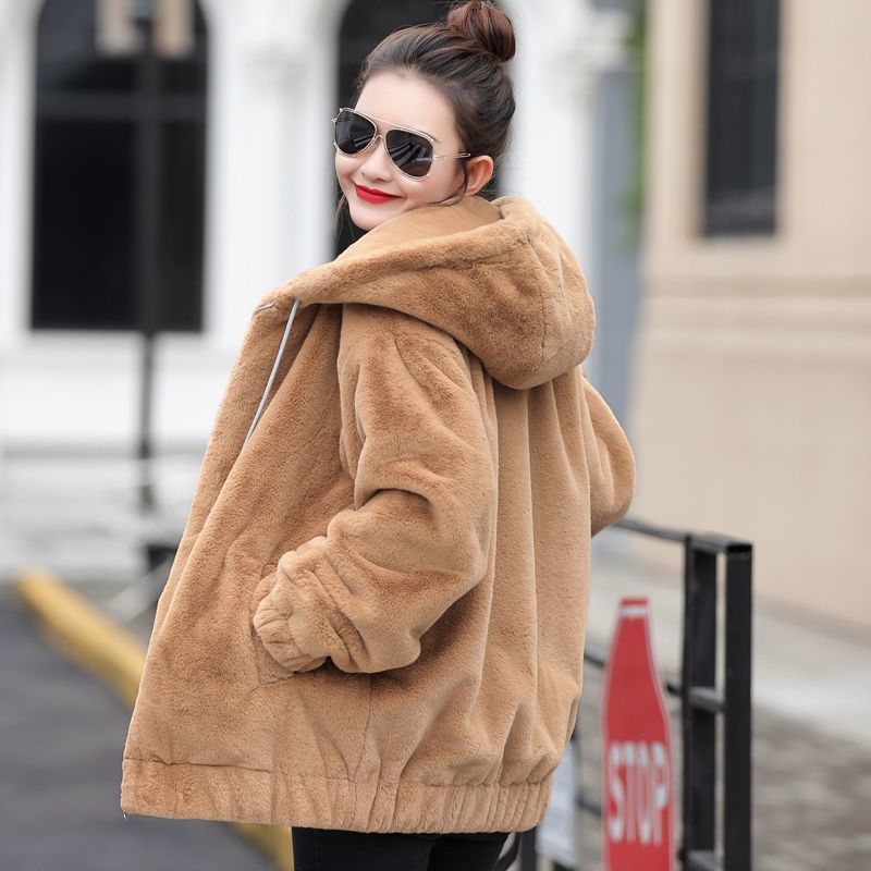 Flannel Hooded Coat for Women, Mid-Length Winter New Arrival, Korean-Style Loose Plush Warm Long-Sleeve Fleece-Lined Short Coat