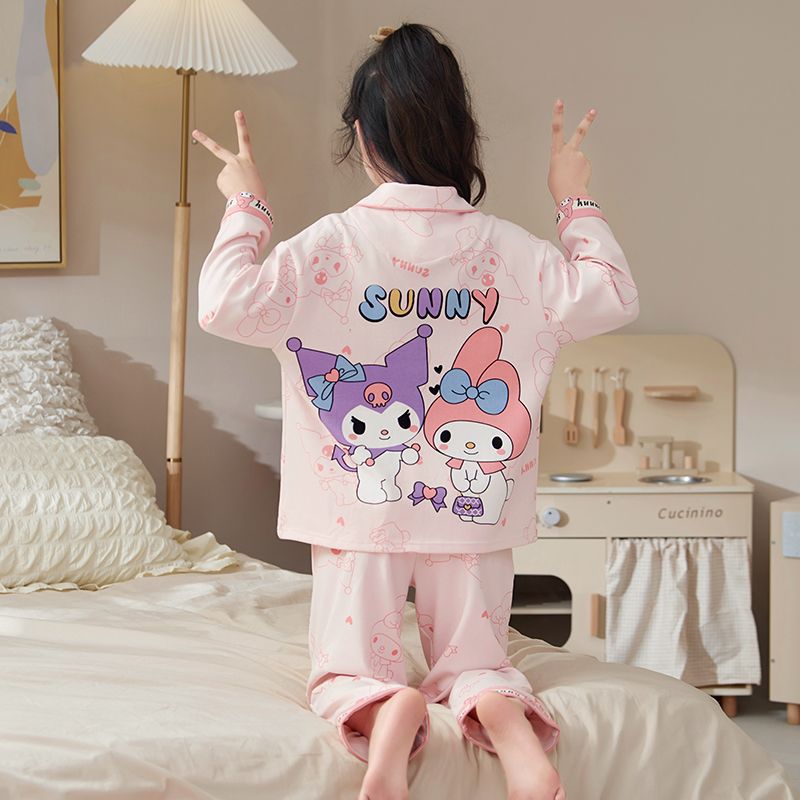 Children’s Pajamas, Girls’ Long-Sleeve Cotton, Spring/Autumn Cartoon “Kuromi” Style, Princess-Style Summer Thin Set