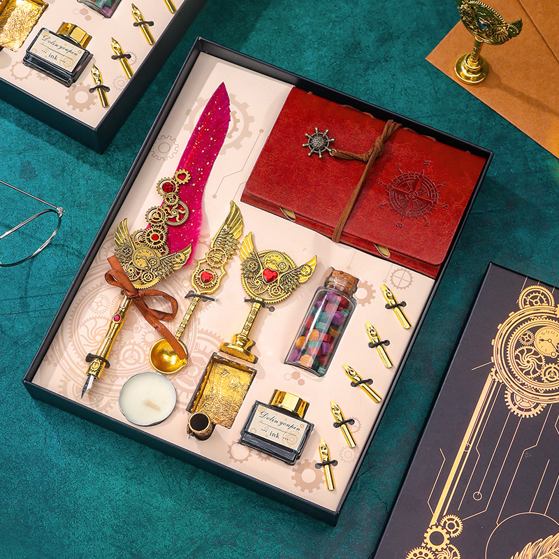 Retro feather pen set gift box, punk mechanical gold-dipped fountain pen, mechanical feather, sealing wax stamp, notebook