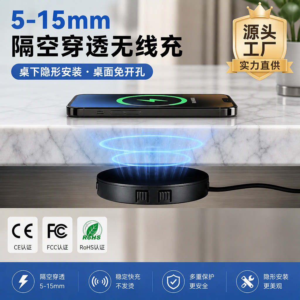 15W Wireless Charging Pad, Desktop/Under-Desk Invisible Design, Glass Mounting for Phones, Compatible with 10–15 mm Thickness