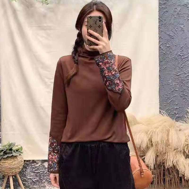 Women's Autumn/Winter Double-Sided Modal Velvet Base Shirt, Warm Long-Sleeve T-Shirt, Retro Embroidered Ethnic Style Half-High Neck Top