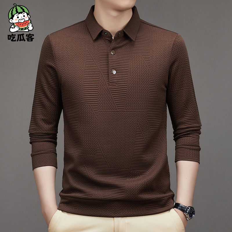 Men’s Mid-Aged Lapel Polo Shirt, Spring/Autumn Long-Sleeve T-Shirt, Loose-Fit Fashionable Casual Bottoming Top with Jacquard Wave Pattern
