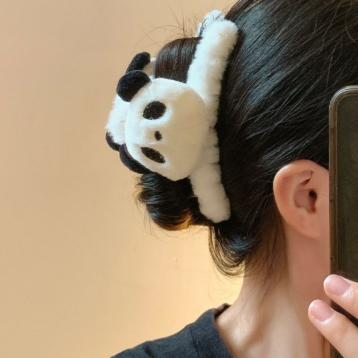 Panda Plush Hair Claw, Large Size, Autumn/Winter New Arrival, Cute Back-of-Head Updo Clip, Shark‑Shaped Hair Clip, Girls’ Cartoon Hairpin, Headpiece