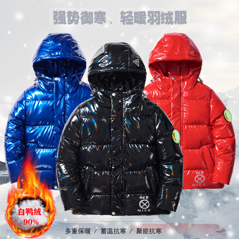 Boys’ down jacket, new winter style—white duck down, thickened and warm, fashionable hooded outerwear for older kids; wash-free and trendy.
