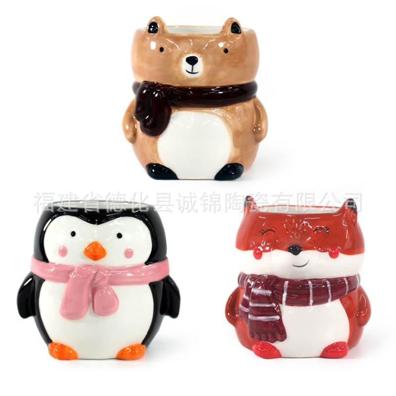 Cute Fox Ceramic Mug, Penguin Cup, 3D Embossed Hand-Painted Animal Mugs, Cartoon Relief Cups