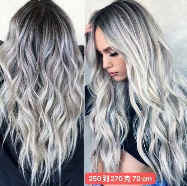 European and American cross-border wig: highlighted dyed middle-part long curly hair, gray gradient—new product, synthetic fiber full-head cap, factory direct sales.