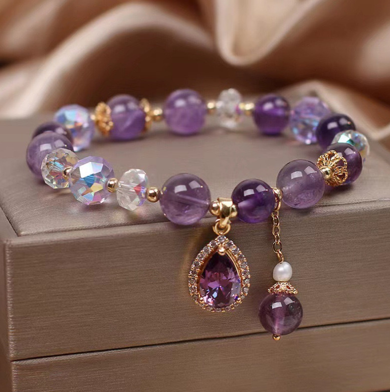 Natural Noble Amethyst Bracelet for Women, Exquisite Zircon Heart Pendant Bead Bracelet, Gift Wristband