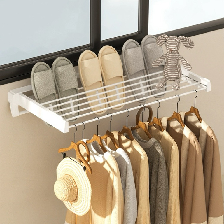 Foldable Invisible Clothes Drying Rod, Wall-Mounted Clothes Rack, Balcony Retractable Drying Net—Space-Saving Gadget for Hanging Clothes, Shoes, and Socks