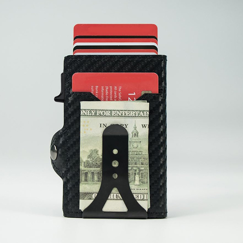 Cross-border high-quality slim card holder, RFID‑blocking automatic pop‑up wallet, multi‑functional soft‑surface carbon‑fiber metal card case