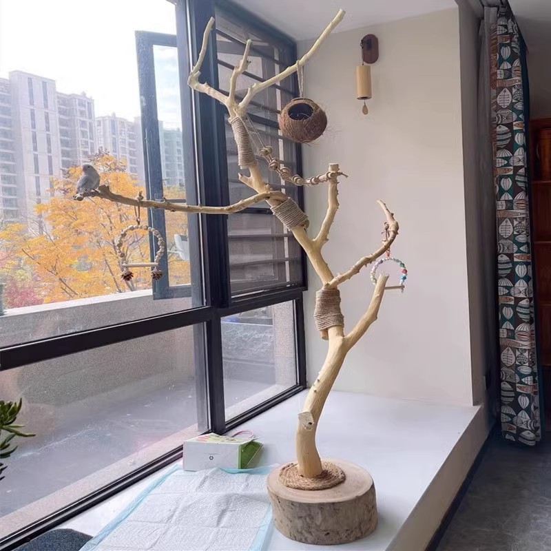 Natural tree branch bird perch, tree‑shaped bird stand, wooden parrot perch, swing, and chew toy; suitable for budgerigars and small birds; pet perch made from natural branches