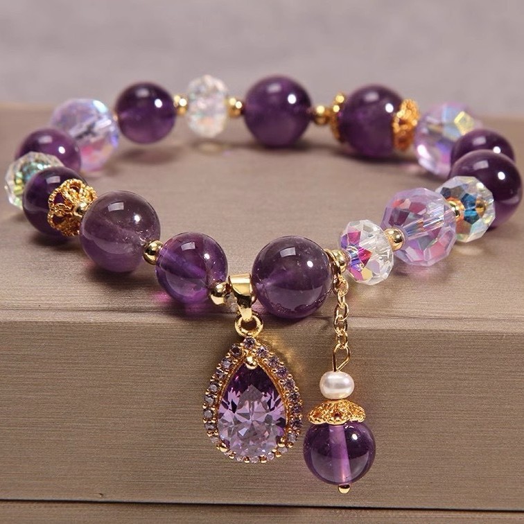 Elegant Amethyst Bracelet for Ladies, Exquisite Zircon Heart‑Shaped Pendant Bead Bracelet—Luxury Gift, Stylish Accessory, Light‑Luxury Bracelet