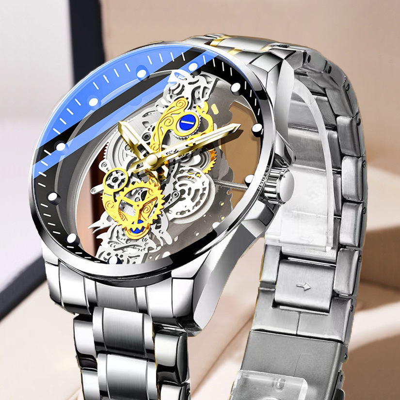 Cross-border double-sided transparent hollow-out fully automatic mechanical watch for men, waterproof luminous quartz watch, new TikTok style.